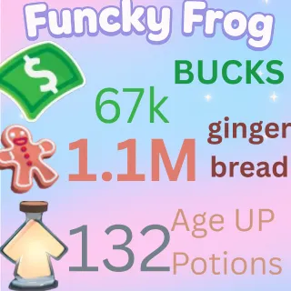 1.1M ,GINGERBREAD , 67 k bucks,  132 ageup portions. ADOPT ME , AGEUP AND BUCKS
