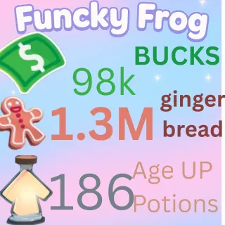 1.3M ,GINGERBREAD , 98k bucks,  186 ageup portions. ADOPT ME , AGEUP AND BUCKS
