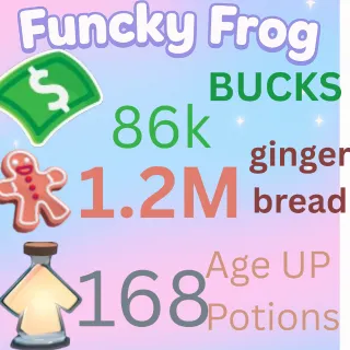 1.2M ,GINGERBREAD , 86 k bucks,  169 ageup portions. ADOPT ME , AGEUP AND BUCKS
