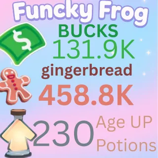 458.8 k ,GINGERBREAD , 131.9 k bucks,  230 ageup portions. ADOPT ME , AGEUP AND BUCKS