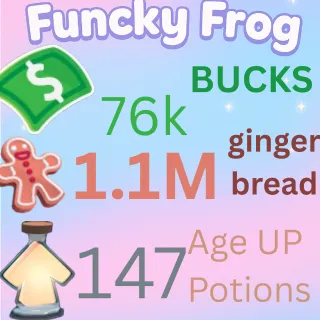 1.1M ,GINGERBREAD , 76 k bucks,  147 ageup portions. ADOPT ME , AGEUP AND BUCKS