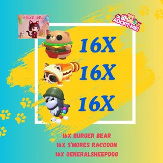 16X BURGER BEAR + 16X S'MORES RACCOON + 1X GENERAL SHEEPDOG
