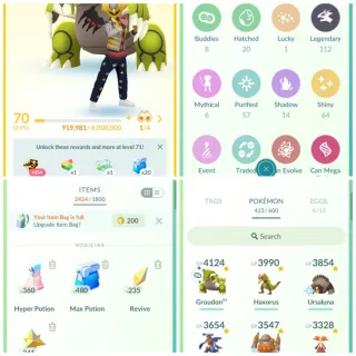 Level 70 2023 Account  112 Legendary  64 Shiny  3 Shiny legendary  6 Mythical  14 Event Pokemon o Game Account