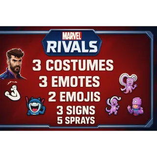 16 Items | 3 Costumes | 3 Emotes | 5 Sprays | 3 Emojis | 3 Emojis | 3 Signs | Marvel Rivals Twitch Drops