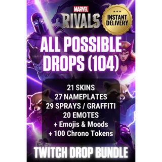 104 Items | 21 Costumes | 20 Emotes | 29 Sprays | 27 Signs | Marvel Rivals Twitch Drops