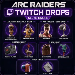 ALL POSSIBLE DROPS (10) ☑️ 1 EMOTE + 1 Appearance + 7 Backpack Charms + 1 Backpack Attachment ☑️ ARC RAIDERS TWITCH DROPS