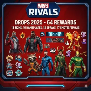 64 Items | 13 Costumes | 17 Emotes | 18 Sprays | 16 Signs | Marvel Rivals Twitch Drops