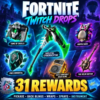Fortnite Twitch Drops | Skeletal Cyberscythe + FNCS Immortal + Tome of Skulls + Hoppa Sack + 27 Items