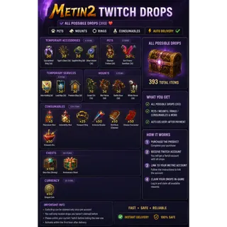 [393 ITEMS] 💜 Metin2 Twitch Drops ❤️ Experience Ring + Pets + Mounts + Consumables + x100 Gaya Sports Bag