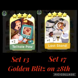 Monopoly Go Golden Blitz Bundle 4 Stars Stickers Cards Telltale Paw Set 13 Last Stand Stand Set 17