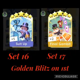 Monopoly Go Golden Blitz Stickers Cards Bundle Suit Up Set 16 Final Gambit Set 17 5 Star ⭐