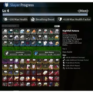 Lvl 225 (Max) Slayer | NightFall Katana T2 +9 | 48 Dmg M1 | Uzui + Water Breathing All Skills Unlocked | Slayers 2 | S2 Account