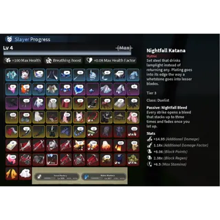 Lvl 225 (Max) Slayer | NightFall Katana T3 +9 | 56 Dmg M1 | Uzui + Water Breathing All Skills Unlocked | Slayers 2 | S2 Account