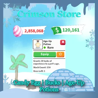 150 AGE-UP POTIONS | 115K+ BUCKS | 2.85M CANDY EGGS Account [READ DESCRIPTION]