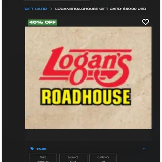 Logan's Roadhouse Gift Card $100.00 USD Other ( You can save it and use it whenever you want. )