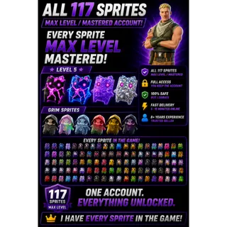 FORTNITE ACCOUNT | ALL 117 SPRITES | MAX LEVEL LEVEL 5 | FULLY MASTERED | YOU KEEP