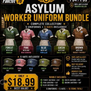 Fallout 76 Asylum Uniform Bundle Set Rare Forest Pink Blue Green PS4 PS5