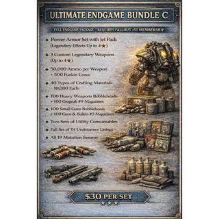 Ultimate Endgame Bundle C – Jet Pack Power Armor + 3 Custom 4★ Weapons + 40k Materials + Bobbleheads + Magazines + Serums