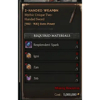 S14 Diablo 4  Mythic Unique Two-Handed Sword(3*lgni  + 3* Zan +3*Teb ) Any 9 runes  Diablo IV Ship immediately ⭐Death Awakening
