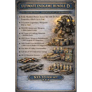 Ultimate Endgame Bundle D – Jet Pack Power Armor + 3 Custom 4★ Weapons + 80k Materials + Bobbleheads + Magazines + Serums