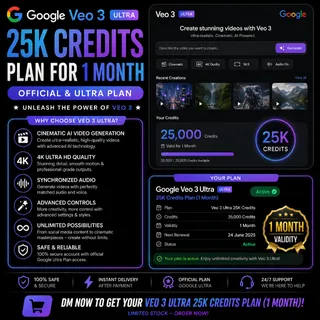 Google Veo 3 Ultra 25K Credits Plan for 1 Month