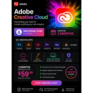 Adobe creative cloud  3 months  Individual plan available 