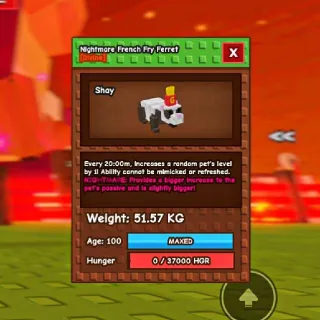 NIGHTMARE HUGE FRENCH FRY FERRET PURE HATCHED 20M CD (NO TOY) | GROW A GARDEN