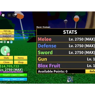 Blox Fruit Lvl 2750|Godhuman+Max melee defense Sword|Instant Delivery