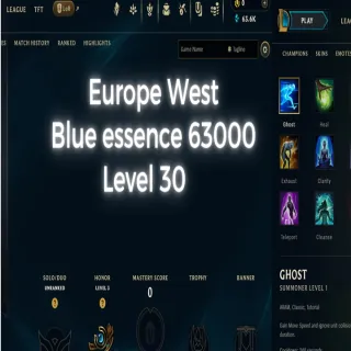 League of Legends Account | LVL 30💎60k-70k BE | Instant Delivery