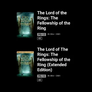 The Lord of the Rings: The Fellowship of the Rings + Extended 4K MA