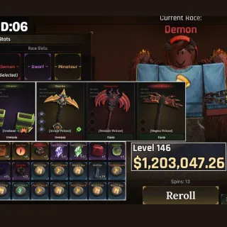 The Forge ⚔️ | Race Demon • Lv.146 • 1.2M$ • Demonic / Magma / Arcane Pickaxe • Auto Delivery