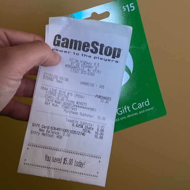 Xbox gift shop card receipt