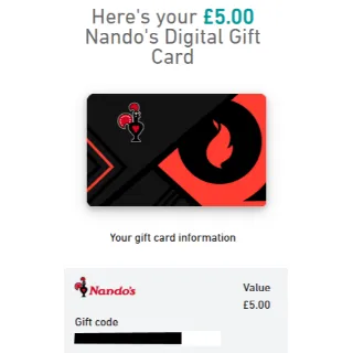 £25.00 GBP (pack of 5 x £5 ) Nando's Digital Gift Card UK