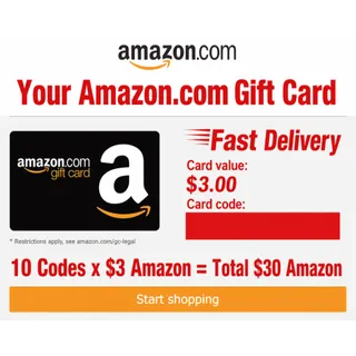 $30.00 USD (10 x $3) Amazon Gift Card at just $27