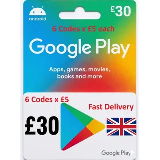 Total £30.00 GBP  (£5 x 6)  Google Play UK Gift Card at just $25 only 