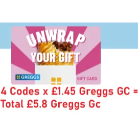 4 x £1.45 GBP (Total £5.8) Greggs gift cards at just $3
