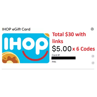 $30.00 USD (6 x $5)  ihop Gift Cards at just $19.99 only