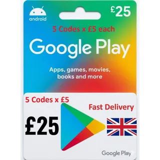 Total £25.00 GBP (£5 x 5) Google Play UK Gift Card at just $19.99 only 