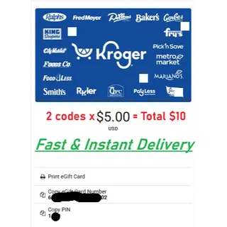 $10.00 USD (2 x $5) Kroger Gift Cards at just $8