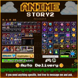 👑 Account unverified. | 0.1 x 16 units | x3 Gamepass | Cash 88m+ | Gem 300K | Anime Story 2 🔥✅