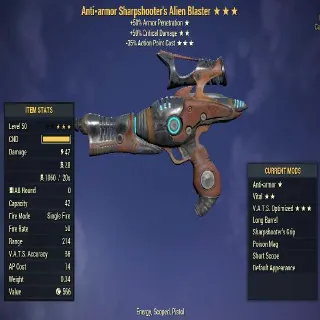 Alien Blaster | LVL 50 | Anti-Armor, Vital, Vats Optimized | God Roll