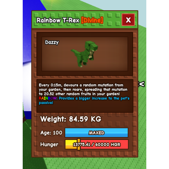 Titanic Rainbow T-REX 84.59 max kg huge Grow a Garden - Roblox Game ...