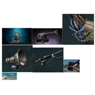 Seas of thieves Black obsidian set Wheel , Pistol , Speaker , Fishing rod , Canon , Figurehead , Mug ,| everything on the pic