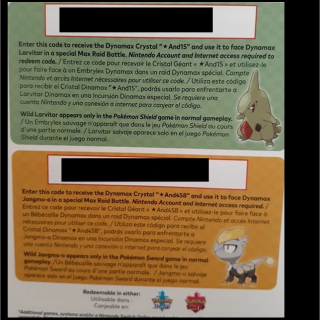 Pokemon Sword/Shield Dynamax Crystals - Larvitar and Jangmo-o Download Codes