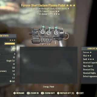Furious 50 Critical 15 reload Enclave Plasma Gun + Mods