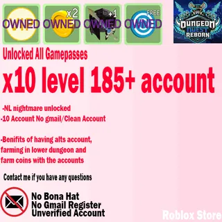 Level 185+ ( UNVERIFIED ) 10 CLEAN ACCOUNT DUNGEON QUEST REBORN