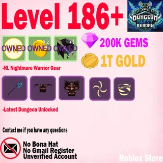Level 186+ ( UNVERIFIED ) CLEAN ACCOUNT DUNGEON QUEST REBORN