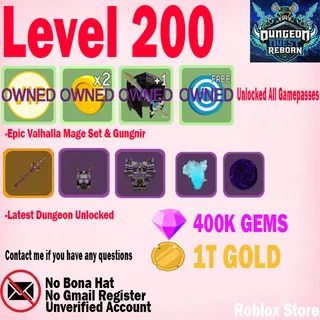 LEVEL 200 ( UNVERIFIED ) CLEAN ACCOUNT DUNGEON QUEST REBORN COMPLETE GEAR