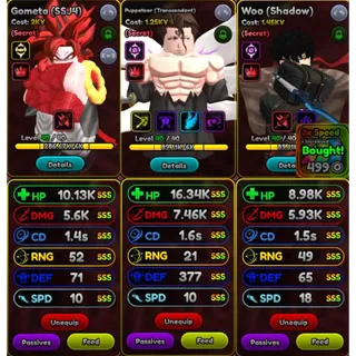 Anime Squadron | 3 Superior | Gometa (SSJ4) Puppeteer (Transcendent) Woo (Shadow) | Rerolls 294 | 3X Speed | Gems 13K