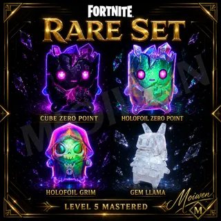 Fortnite Rare Set | Cube & Holo Zero Point + Holo Grim + Gem Llama